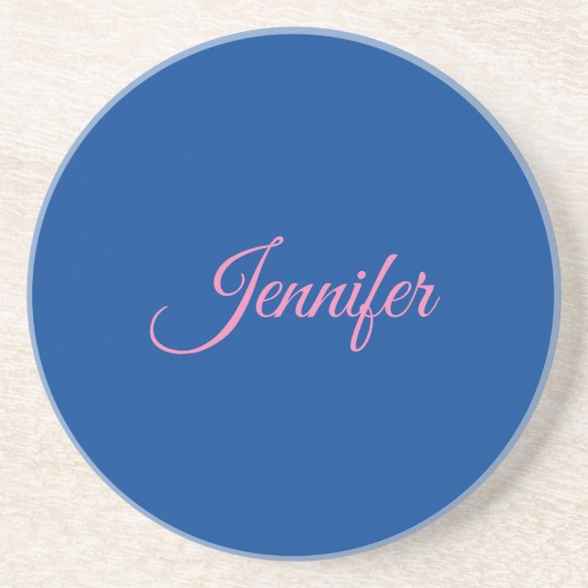 Calligraphy Elegant Pink Blue Custom Name Coaster (Front)