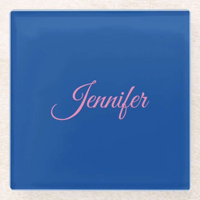 Calligraphy Elegant Pink Blue Custom Name Glass Coaster (Front)