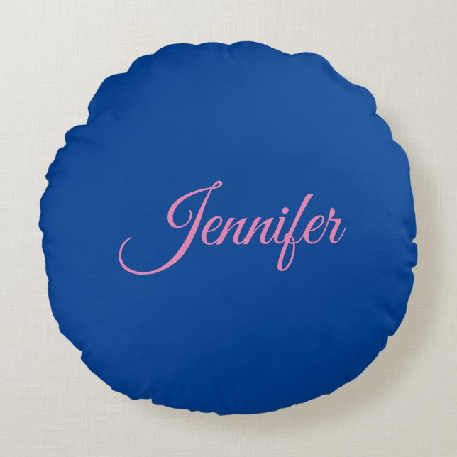 Calligraphy Elegant Pink Blue Custom Name Round Cushion (Front)
