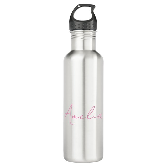 Calligraphy Elegant Pink White Custom Name 710 Ml Water Bottle (Front)