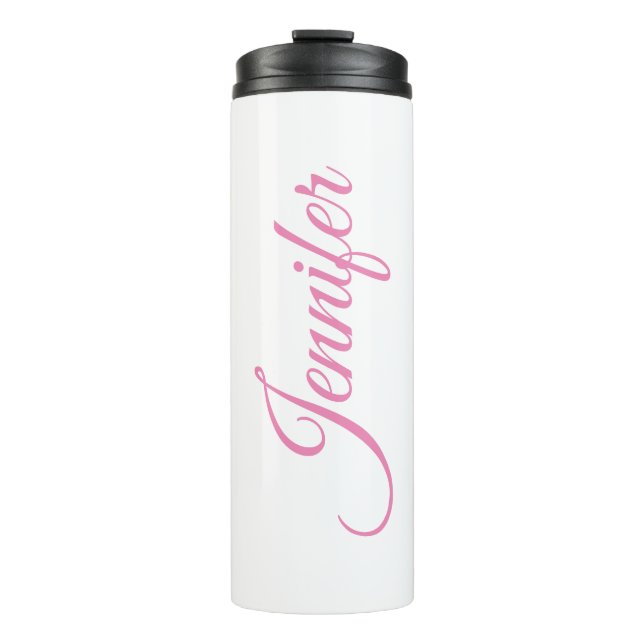 Calligraphy Elegant Pink White Custom Name Thermal Tumbler (Front)