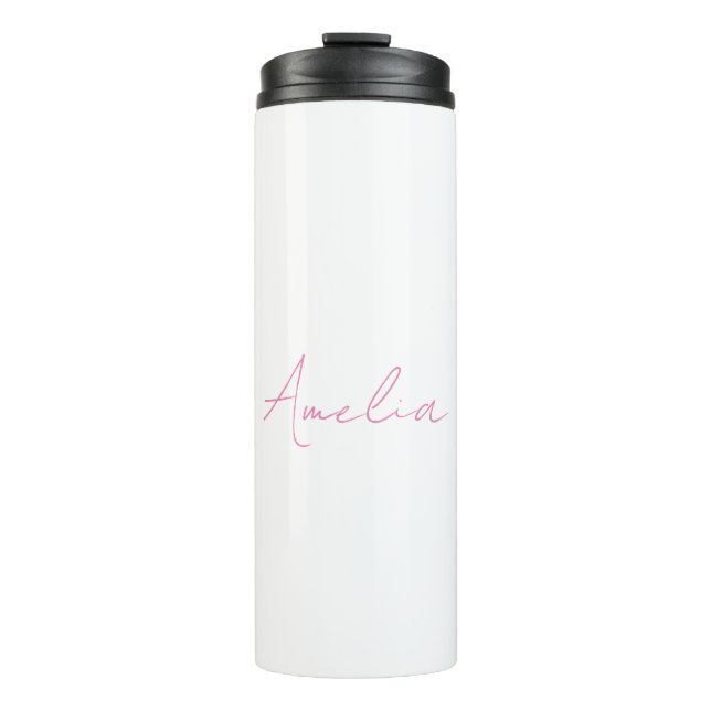 Calligraphy Elegant Pink White Custom Name Thermal Tumbler (Front)