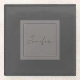 Calligraphy Elegant Plain Simple Name Grey Glass Coaster