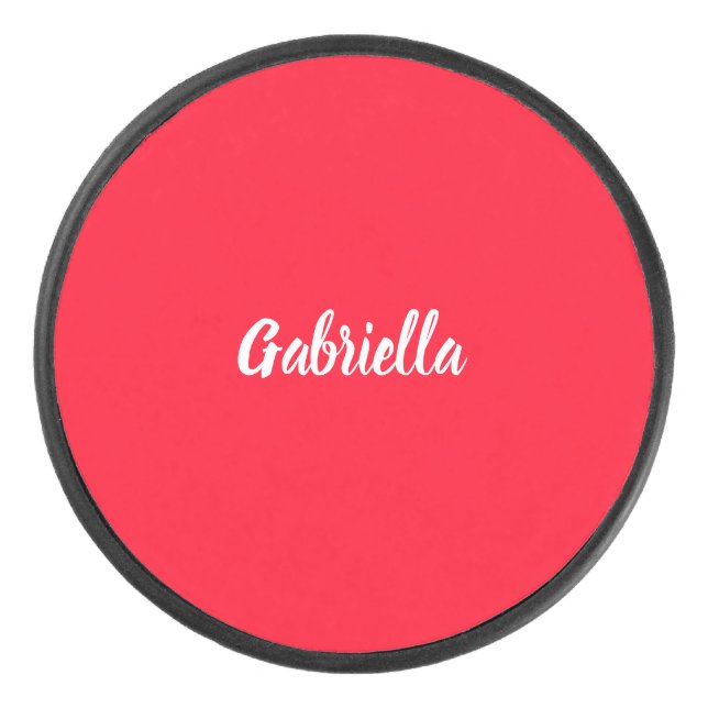 Calligraphy Elegant Red White Plain Simple Name Hockey Puck (Front)