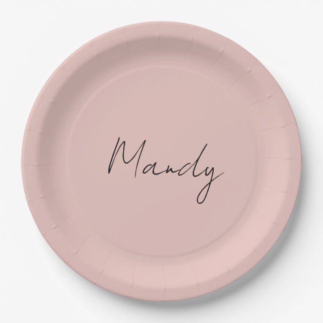 Calligraphy Elegant Rose Gold Plain Simple Name Paper Plate (Front)