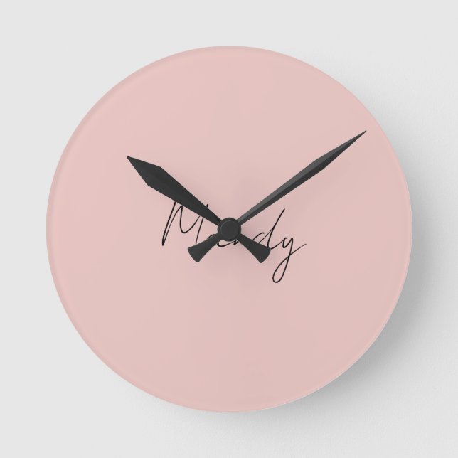 Calligraphy Elegant Rose Gold Plain Simple Name Round Clock (Front)
