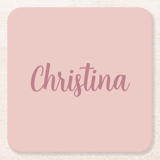 Calligraphy Elegant Rose Gold Plain Simple Name Square Paper Coaster (Front)