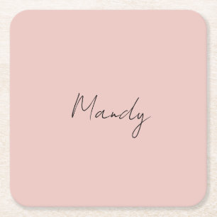 Calligraphy Elegant Rose Gold Plain Simple Name Square Paper Coaster