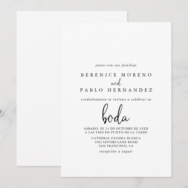Calligraphy Elegant Script Spanish Wedding  Invitation (Front/Back)