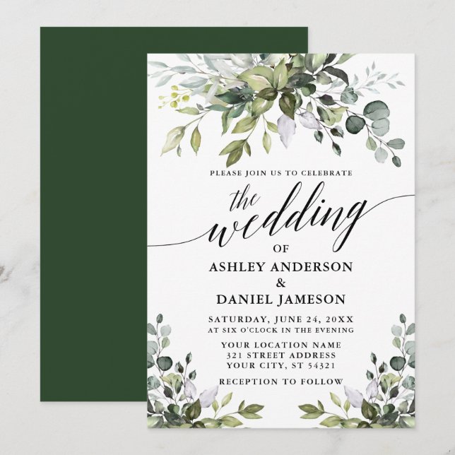 Calligraphy Elegant Watercolor Greenery Wedding Invitation (Front/Back)