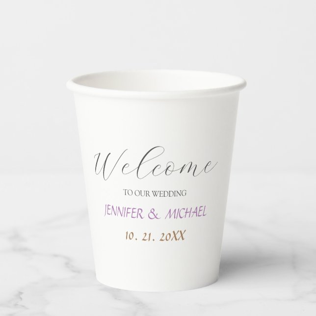 Calligraphy Elegant Welcome Wedding Paper Cups (Front)