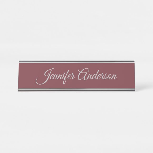 Calligraphy Elegant Wine Colour Personalised Desk Name Plate (Front)