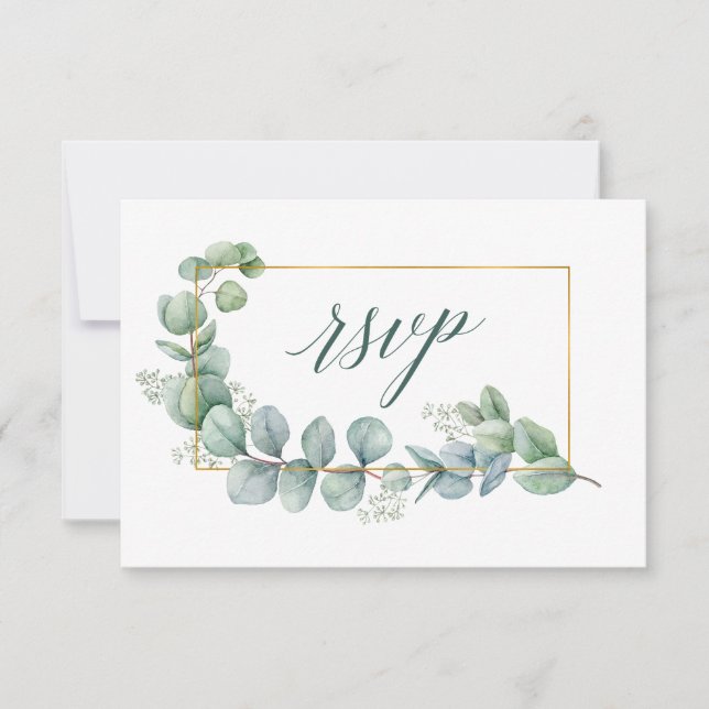 Calligraphy Eucalyptus Gold Green Wedding Meal RSVP Card (Front)