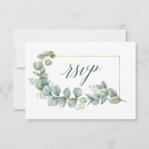 Calligraphy Eucalyptus Green Wedding Gold Frame RSVP Card