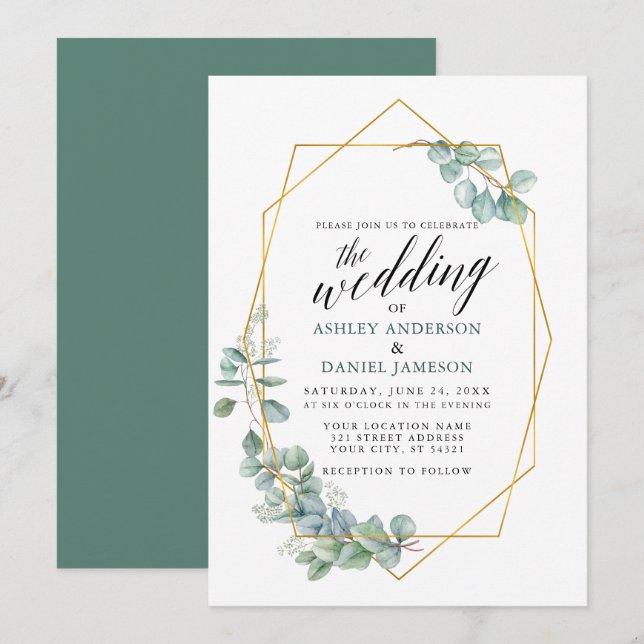 Calligraphy Eucalyptus Greenery Gold Frame Wedding Invitation (Front/Back)
