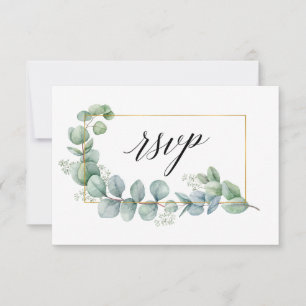 Calligraphy Eucalyptus Greenery Gold Frame Wedding RSVP Card