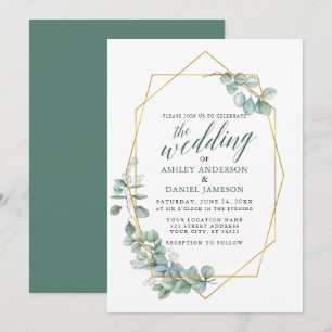 Calligraphy Eucalyptus Greenery Wedding Gold Frame Invitation