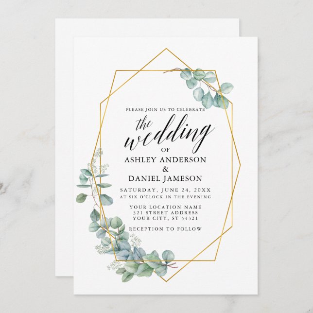 Calligraphy Eucalyptus Photo Wedding Gold Invitation (Front/Back)