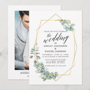 Calligraphy Eucalyptus Photo Wedding Gold Invitation