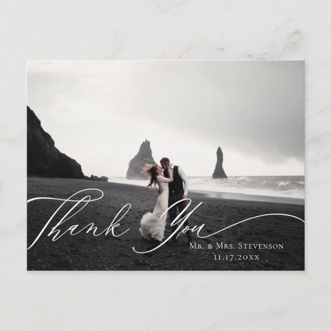 Calligraphy Fall Floral Wedding Photo Thank You Postcard (Front)