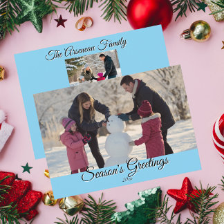 Calligraphy Family Christmas Photo Blue Personaliz Holiday Card