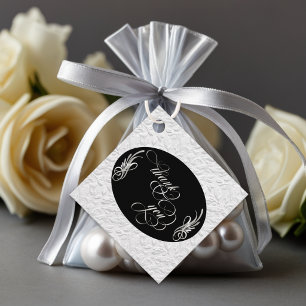 Calligraphy, Faux Emboss - Black/Silver Favour Tags
