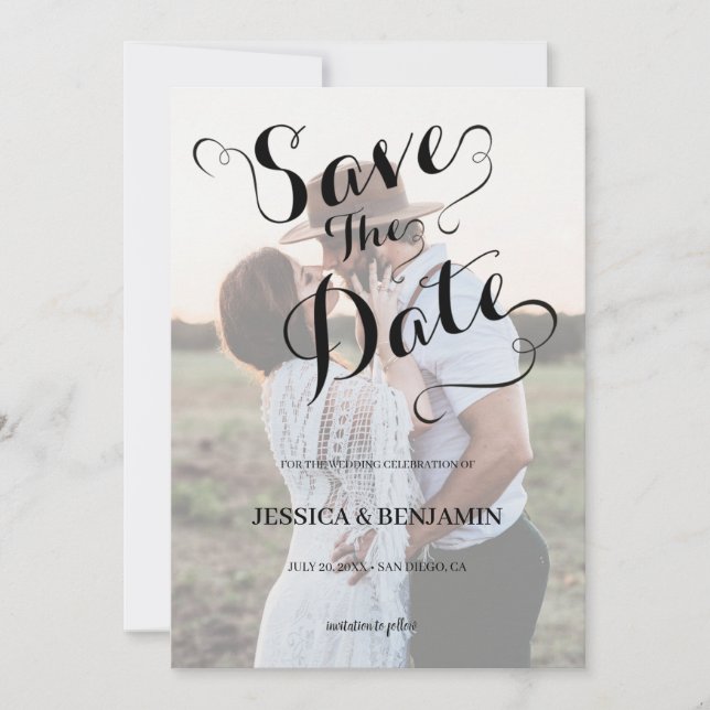 Calligraphy Faux Vellum Effect Photo Wedding Save The Date (Front)