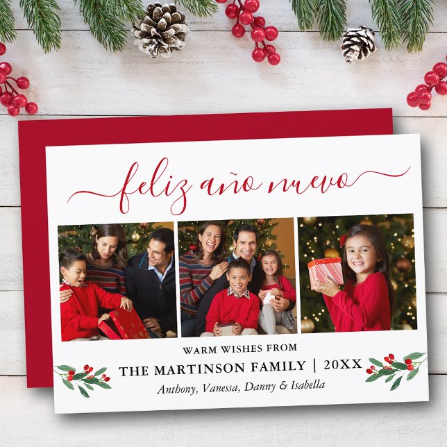 Calligraphy Feliz Ano Nuevo 3 Photo Red Holly Holiday Card (Customize to add text to back of card.)