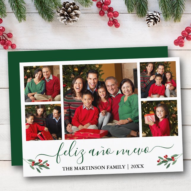 Calligraphy Feliz Ano Nuevo 5 Photo Holly Green Holiday Card (Customize to add text to back of card.)