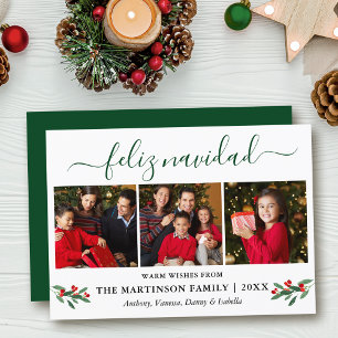 Calligraphy Feliz Navidad 3 Photo Red Holly Green Holiday Card