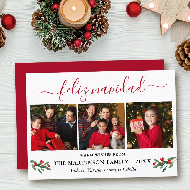 Calligraphy Feliz Navidad 3 Photo Red Holly Holiday Card (Customize to add text to back of card.)