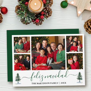 Calligraphy Feliz Navidad 5 Photo Green Pine Trees Holiday Card