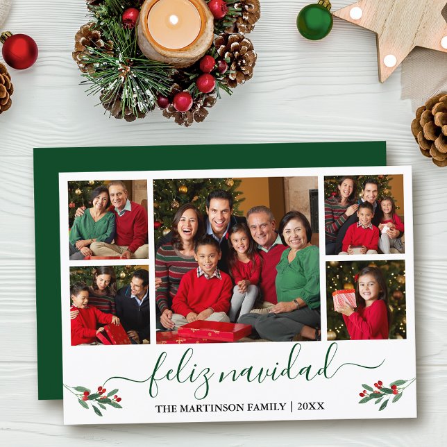 Calligraphy Feliz Navidad 5 Photo Red Holly Green Holiday Card (Customize to add text to back of card.)