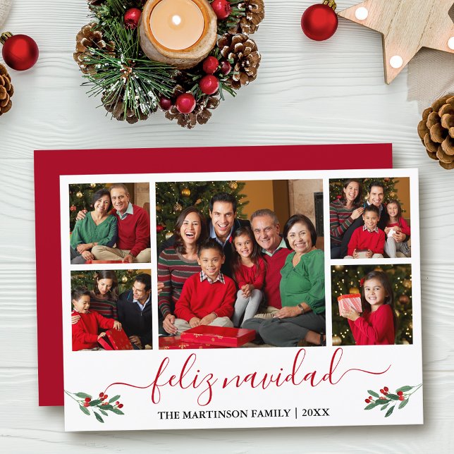 Calligraphy Feliz Navidad 5 Photo Red Holly Holiday Card (Customize to add text to back of card.)