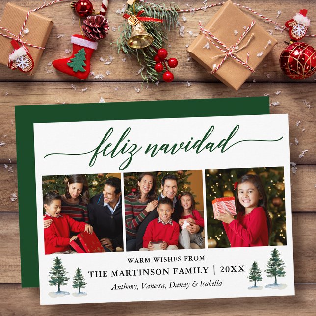 Calligraphy Feliz Navidad Pine Trees 3 Photo Green Holiday Card (Customize to add text to back of card.)