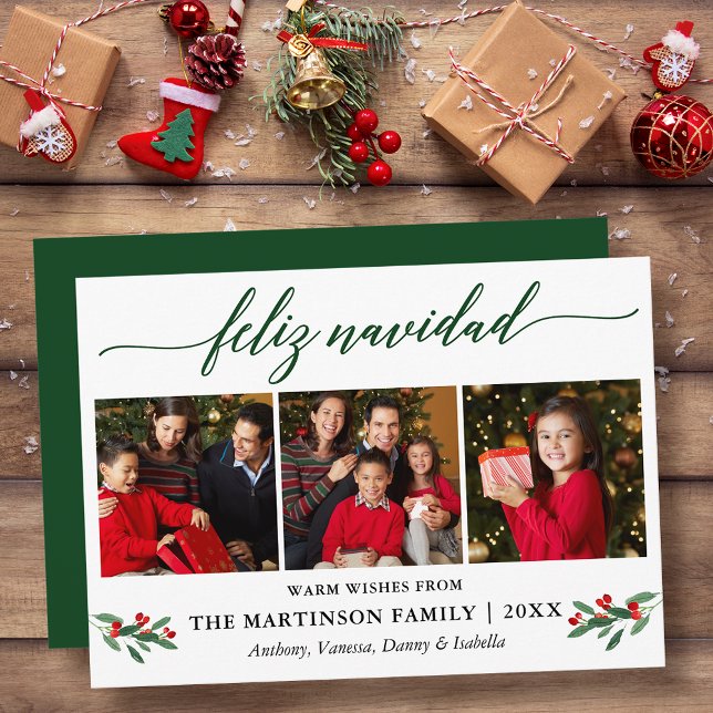 Calligraphy Feliz Navidad Red Holly 3 Photo Green Holiday Card (Customize to add text to back of card.)