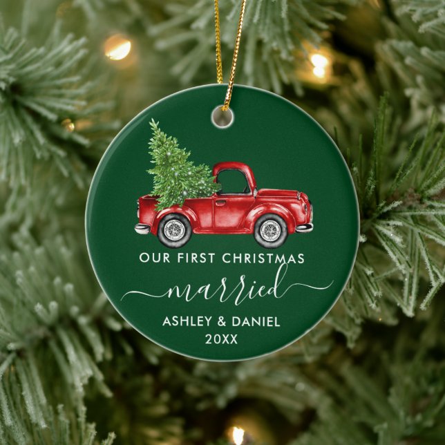 Calligraphy First Christmas Married Truck Green Ceramic Tree Decoration (Tree)