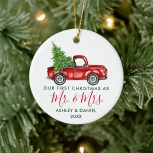 Calligraphy First Christmas Mr. Mrs. Red Truck Ceramic Tree Decoration