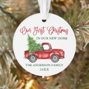 Calligraphy First Christmas New Home Red Truck Ornament