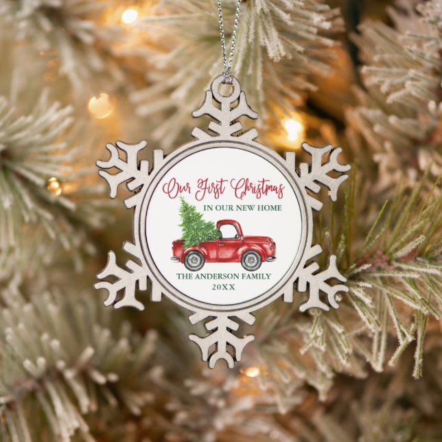 Calligraphy First Christmas New Home Red Truck Snowflake Pewter Christmas Ornament (Tree)