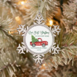 Calligraphy First Christmas New Home Truck Snowflake Pewter Christmas Ornament<br><div class="desc">Modern Fun Calligraphy Script Our First Christmas in our New Home Ornament includes Watercolor Vintage Red Truck with Christmas Tree. Forest Green Script.</div>