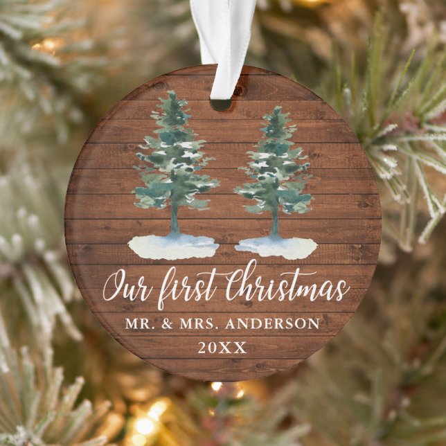 Calligraphy First Christmas Rustic Wood Two Pines Ornament (Tree)