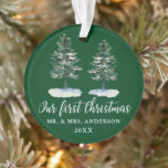 Calligraphy First Christmas Watercolor Two Pines Ornament<br><div class="desc">Modern Elegant Calligraphy Script,  Watercolor Pine Trees,  Our First Christmas Mr. and Mrs. Wedding Couple Ornament</div>