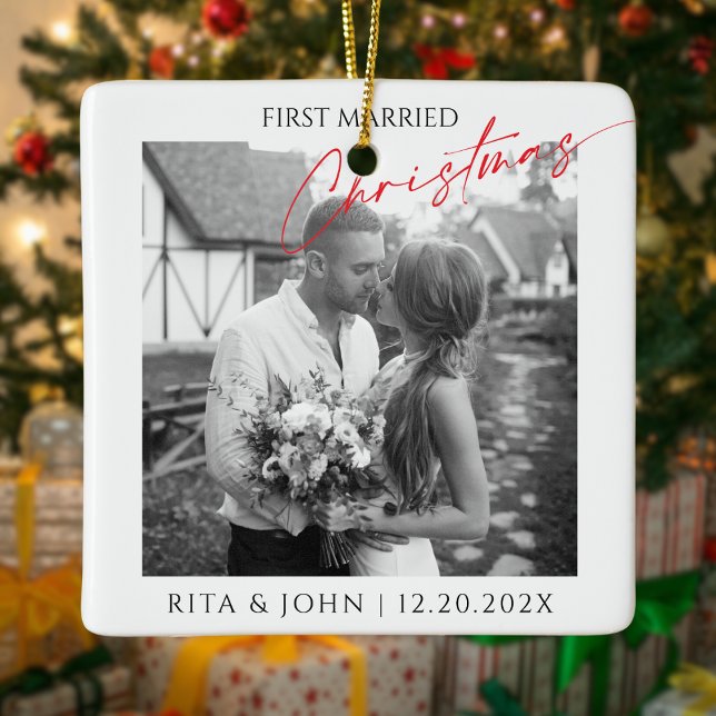 Calligraphy First Married Christmas Photo Ceramic  Ceramic Ornament (Creator Uploaded)