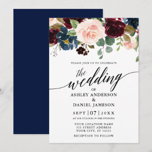 Calligraphy Floral Burgundy Blue Pink Wedding Invitation