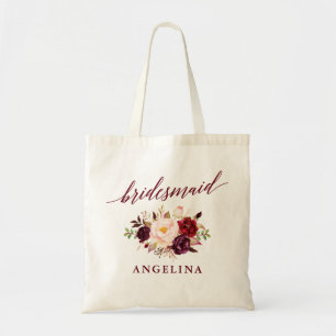Calligraphy Floral Burgundy Bridesmaid Name Tote Bag