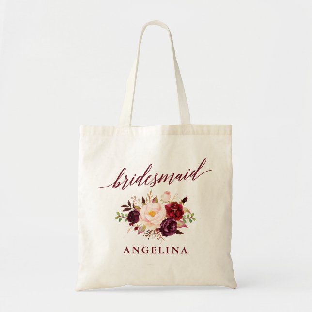 Calligraphy Floral Burgundy Bridesmaid Name Tote Bag (Front)