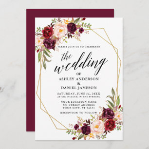 Calligraphy Floral Burgundy Geometric Wedding Invitation