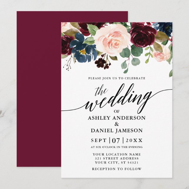Calligraphy Floral Burgundy Pink Blue Wedding Invitation (Front/Back)