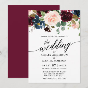 Calligraphy Floral Burgundy Pink Blue Wedding Invitation